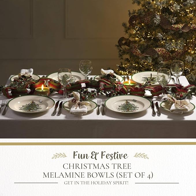 Spode Christmas Tree 6-Inch Melamine Bowls - Set of 4 Festive Bowls for Soup, Dessert, Holiday Dishes - Durable, Dishwasher Safe - Versatile Tableware for Indoor, Outdoor Christmas Gatherings