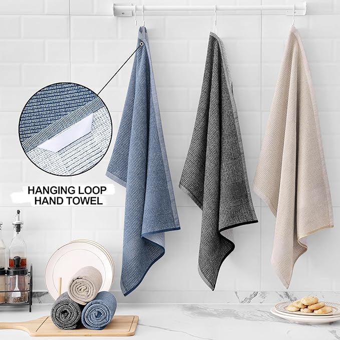 Homaxy Premium Kitchen Towels(18”x 28”, 6 Pack), Large Cotton Kitchen Hand Towels, Flat and Terry Dish Towels, 380 GSM Highly Absorbent Tea Towel Set with Hanging Loop, Navy Blue/Khaki/Black