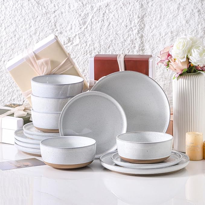 Hasense Plates and Bowls Sets, 18 Pieces Modern Porcelain Dishes Sets Service for 6, Stoneware Dinnerware Sets with Speckled Pattern, Scratch Resistant Microwave and Dishwasher Safe, White