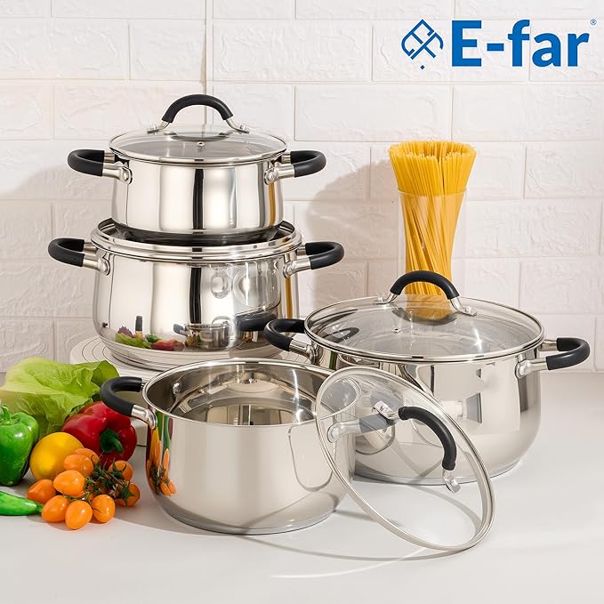 E-far 5Qt Stainless Steel Pot, Stock Pot with Glass Lid for Cooking Pasta Soup Sauce, Tri-Ply Induction Thick Base & Cool-Touch Handles, All Stoves & Dishwasher Safe