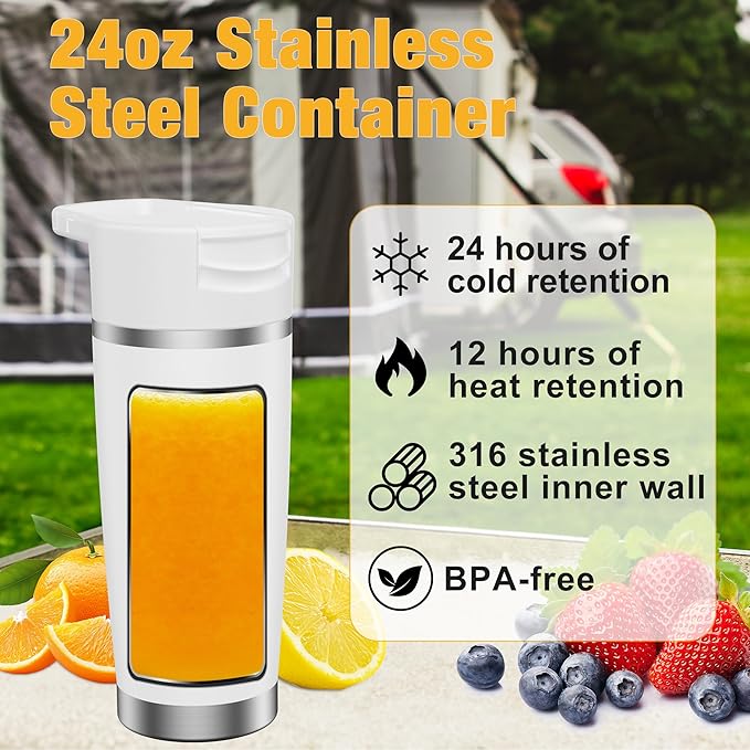 Portable Personal Blender 24oz Vacuum Cup Cordless Blender for 120 Watt Rechargeable Personal Size blender With Stainless Steel Bottle Ideal For-Shakes and Smoothies, BPA Free (White）