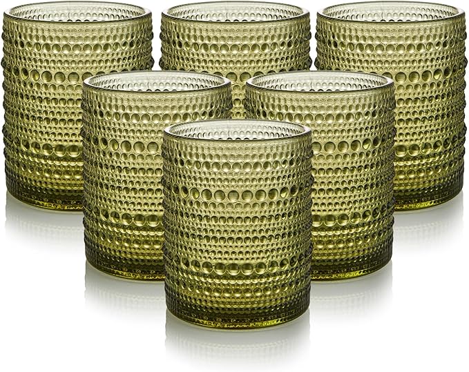Hobnail Drinking Glasses Set of 6, 12 oz Vintage Glassware Set Cocktail Glass Set, Embossed Green Water Tumbler, for Beer, Whiskey, Juice and Various Mixed Drinks