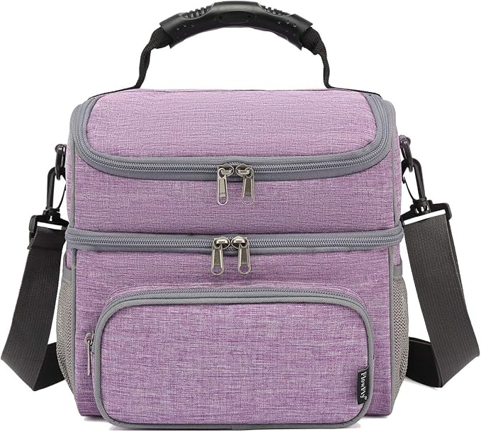 FlowFly Double Layer Cooler Insulated Lunch Bag Adult Lunch Box Large Tote Bag for Men, Women, With Adjustable Strap,Front Pocket and Dual Large Mesh Side Pockets