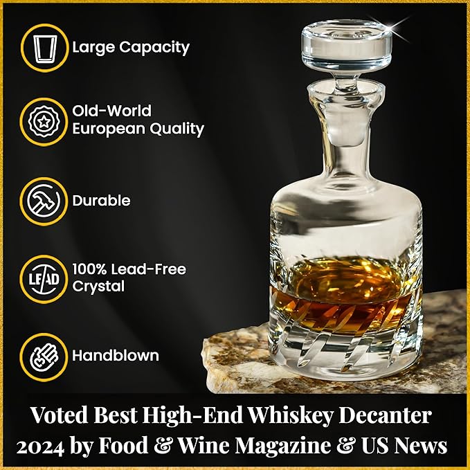 Voted Best High-End Whiskey Decanter 2024 by Food & Wine Magazine |1Hand-Blown Decanter & 4 Tumblers |Made in Europe |100% Lead-Free Crystal |Gift Box