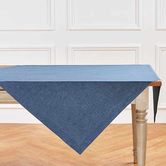 Solino Home Linen Cloth Tablecloth 52 x 52 Inch - 100% Pure Linen Blue Denim Square Tablecloth - Athena, Machine Washable Table Throw for Summer