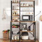 Bakers Rack with Power Outlet, 7-Tier Microwave Stand with Wire Basket, Coffee Bar with 4 s-Shaped Hooks, Kitchen Open Storage Shelf Rack for Spices, Pots, Brown