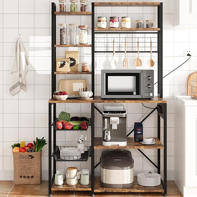 Bakers Rack with Power Outlet, 7-Tier Microwave Stand with Wire Basket, Coffee Bar with 4 s-Shaped Hooks, Kitchen Open Storage Shelf Rack for Spices, Pots, Brown