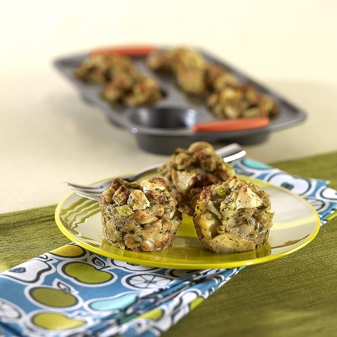 Rachael Ray Yum-o! Nonstick Bakeware Oven Lovin’ Cups Muffin Pan, 6-Cup, Gray with Orange Handles