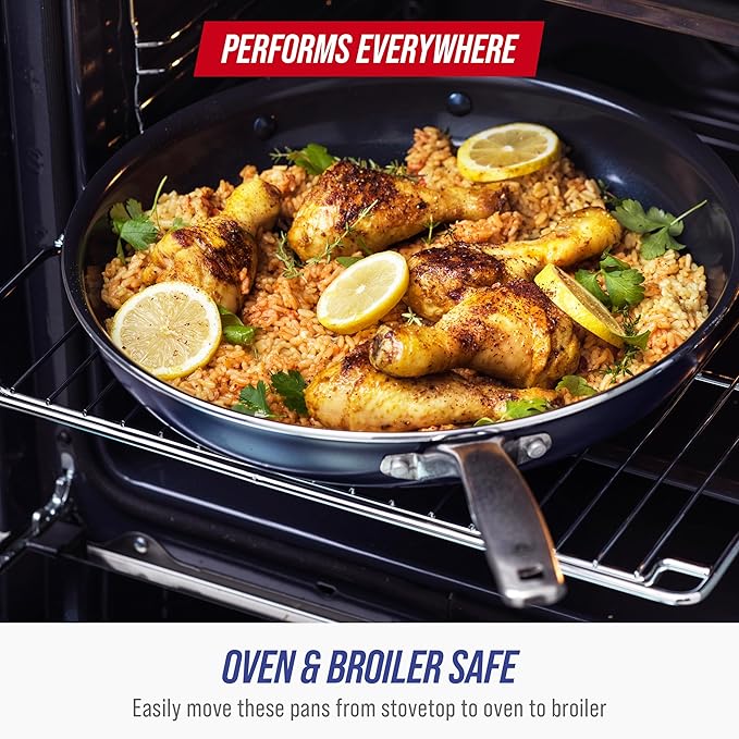 Blue Diamond 10 Piece Nonstick Cookware Set, Diamond Ceramic Pots & Pans, Dishwasher & Metal Utensil Safe, Non Toxic PFAS-Free, Kitchen Cooking Sauce & Saute Pans, Oven & Broiler to 600F, Blue