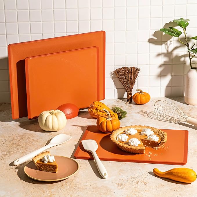 SMIRLY Plastic Cutting Board Set with Holder 3 Pieces, Non-Slip Dishwasher Safe Chopping Boards for Kitchen, Orange