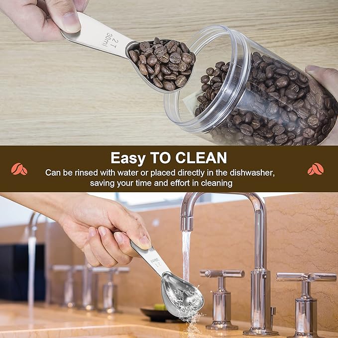 Stainless steel coffee scoop 2-piece set (1 tbsp, 2 tbsp) durable Tablespoon, ergonomic measuring spoon, Suitable for small and large jars，short-handled spoon (Silver)