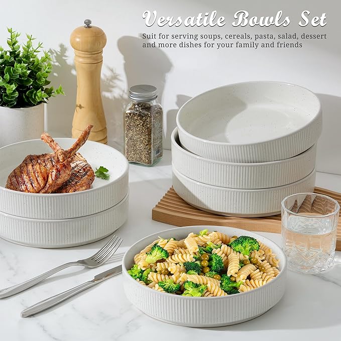 E-far Pasta Bowls Set of 6, 35oz Large Salad Bowl Plate for Dinner Serving Soup, Wide & Shallow Ceramic Stoneware Pasta Plates, Microwave & Dishwasher Safe, Textured Stripes & Speckled White, 8”
