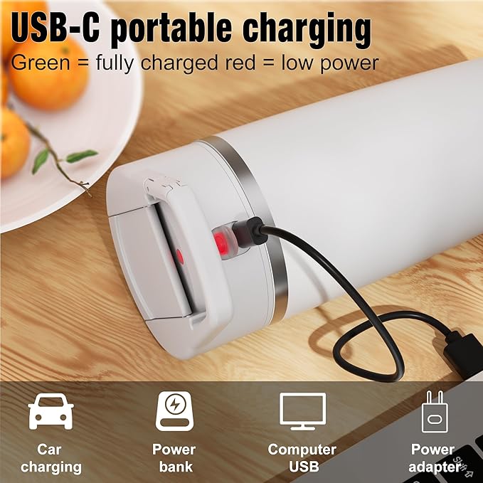 Portable Personal Blender 24oz Vacuum Cup Cordless Blender for 120 Watt Rechargeable Personal Size blender With Stainless Steel Bottle Ideal For-Shakes and Smoothies, BPA Free (White）