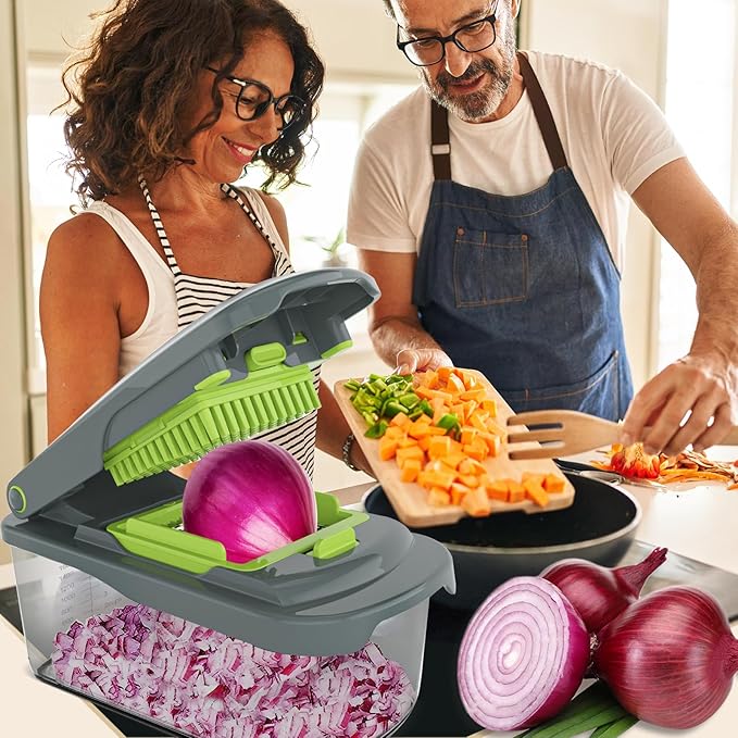 Ourokhome Vegetable Chopper Cutter with Container, Manual Hand Food Veggie Dicer with 2 Chopping Blades for Potato Strips, Onion Cubers, Carrot Sticks, Essential Kitchen Gadgets (2 in 1, Gray)