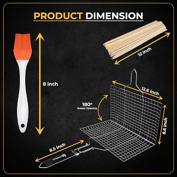 2 Set Fish Grill Baskets for Outdoor Grill Vegetables, Fish Grilling rack for Grill, BBQ Grilling Basket, Stainless steel Grill Basket for Veggies, shrimp Includes 50 skewers, Silicon Brush, and Carry Bag