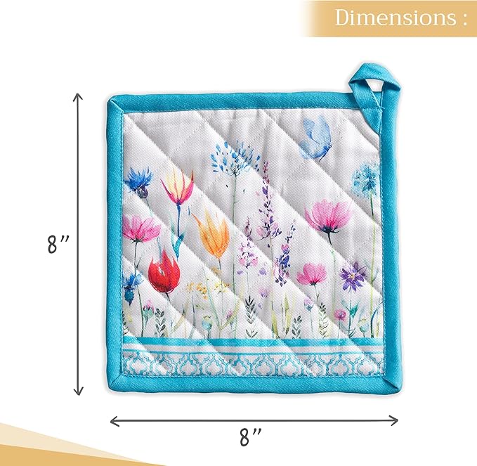 Maison d' Hermine Pot Holders 100% Cotton Heat Resistant Potholders 8" x 8" Hot Pads with Loop BBQ, Cooking, Baking, Grilling, Kitchen, Handling Hot Pans Spring/Summer (Pack of 1, Flower In The Field)