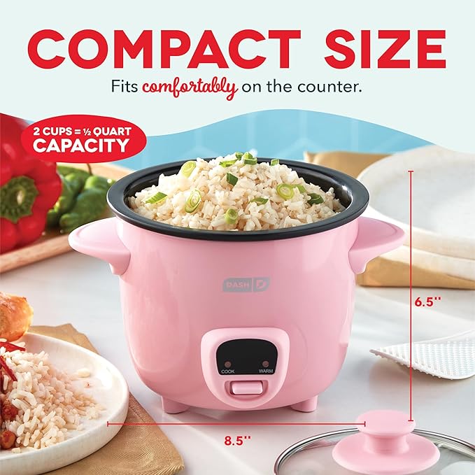 DASH Mini Rice Cooker Steamer with Removable Nonstick Pot, Keep Warm Function & Recipe Guide, Half Quart, for Soups, Stews, Grains & Oatmeal - Pink