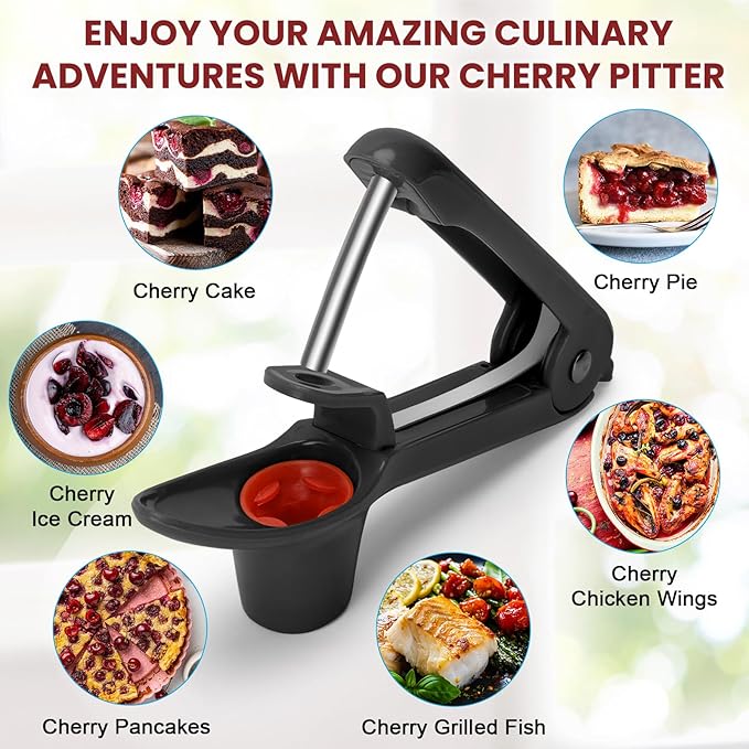 SCHVUBENR Cherry Pitter Tool - Stainless Steel Cherry Corer Pitter with Ergonomic Push Design - Easy to Use for Making Cherry Jam - Pit Cherry with Ease, Saving Time & Space with Lock Design(Black)