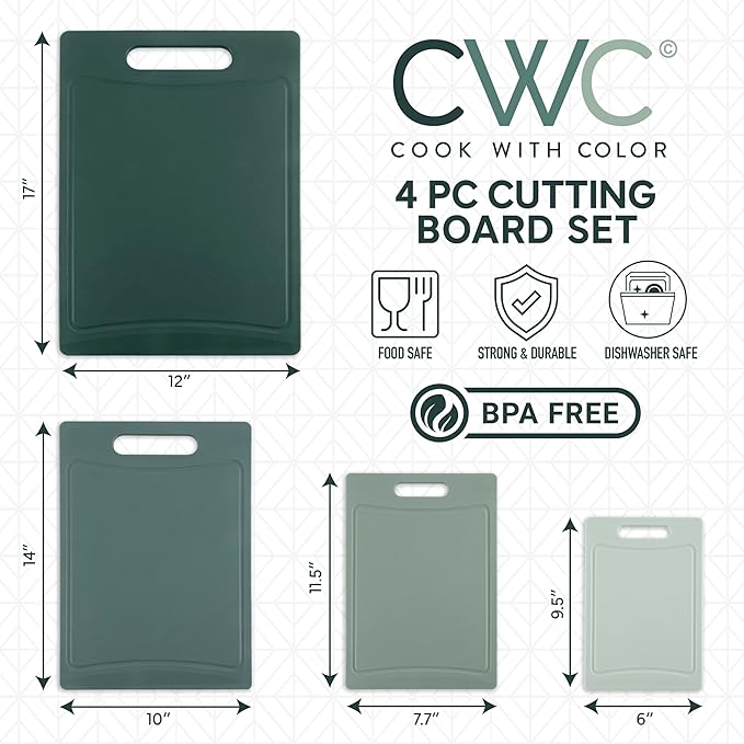 COOK WITH COLOR Non-Slip Cutting Board Set – Kitchen Essentials with Easy Grip Handle for Meat, Veggies, and Fruits, 4 Cutting Boards, Mint