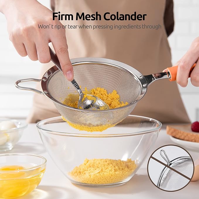 18/8 Stainless Steel Mesh Strainer: U-Taste 5.5 Inch Kitchen Fine Mesh Sieve Food Colander with Riveted Sturdy Silicone Handle and 30 Mesh Hole for Straining Flour, Pasta, Fruit, Quinoa (Orange)