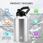 BJPKPK One Gallon(128 oz) Insulated Water Bottle, Dishwasher Safe Stainless Steel Thermos, BPA Free Jug with Ergonomic Handle & Anti-slip Bottom, Large Water Bottle,Stainless Steel