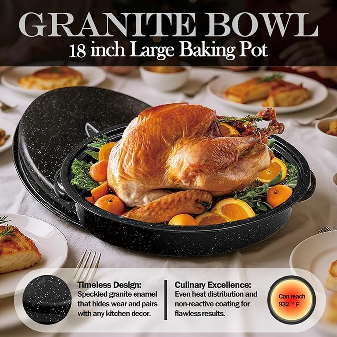 Turkey Roaster Pan 18in Roasting Pan With Lid Enamel Carbon Steel Roaster Pot with 16in Inner Diameter,18 Pound Large Capacity High Temperature Resistance Oval Cookware