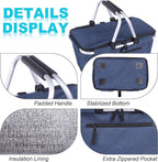 Picnic Basket, SIYUAN Collapsible Shopping Basket with Lid 27L Large Market Basket with Handles Reusable Folding Grocery Basket Insulated Cooler Bag for Picnic Travel, Blue