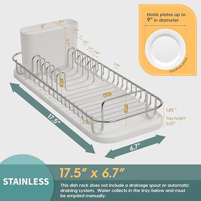 SunnyPoint 304 Stainless Steel NeverRust Compact Dish Drying Rack with Utensil Holder & Removable Drain Tray, Rustproof Small Dish Rack for Kitchen Countertop or Over Sink (Metallic Silver, Compact)