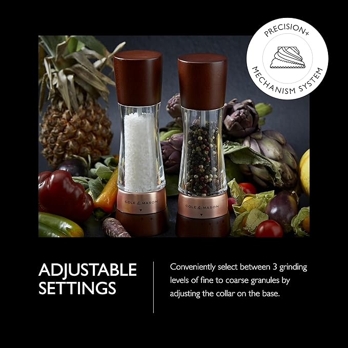Cole & Mason Derwent Salt Mill - Gourmet Precision Salt Grinder - Refillable Seasoning and Spice Tools - Adjustable Seat, Himalayan and Kosher Salt Grinder Settings - Rose Gold