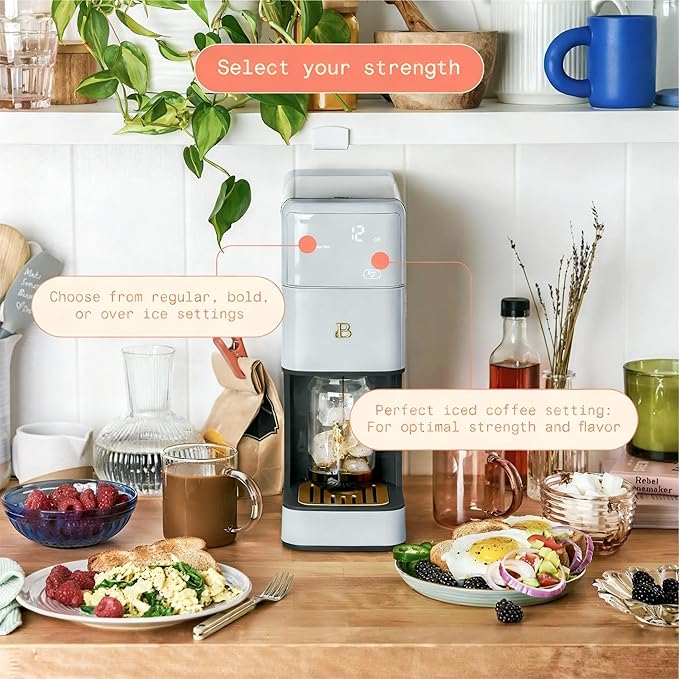 Beautiful Perfect Grind Programmable Single Serve Coffee Maker with Touch Display and Integrated Burr Grinder, Auto Coffee Strength Selection, 64oz Water Reservoir (Cornflower Blue)