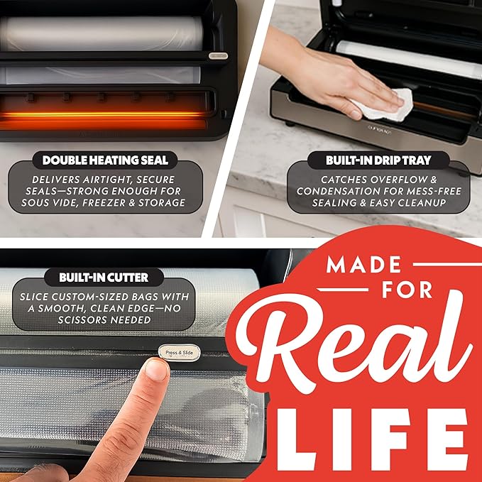 Premium Vacuum Sealer Machine for Food Storage – Dual Pressure Modes, Wet/Dry Sealing, Built-in Cutter & Bag Storage, Canister & Marinate Functions, Pulse Vacuum Control – Stainless Steel