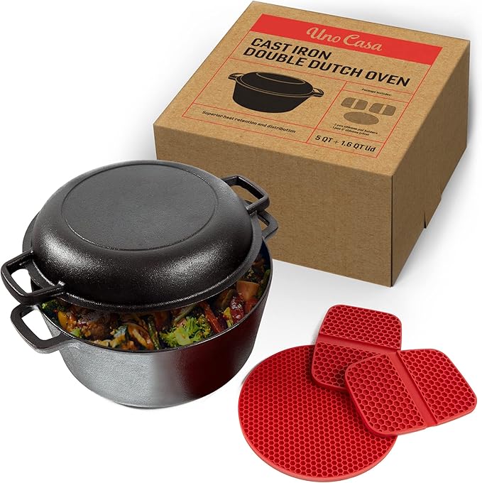 Uno Casa 2-in-1 Cast Iron Dutch Oven Large - 5 Quart Dutch Oven Pot with Lid, Pre-Seasoned Cooking Dish for Bread Baking and Stews - Heavy Duty Cast Iron Pot with Detachable Frying Pan Lid for Versatile Cooking
