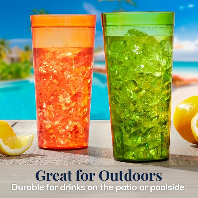US Acrylic Café Plastic Reusable Tumblers (Set of 12) 32-ounce Iced-Tea Cups, Assorted | Value Set of Restaurant Style Drinking Glasses, Stackable, BPA-free, Made in the USA | Top-rack Dishwasher Safe
