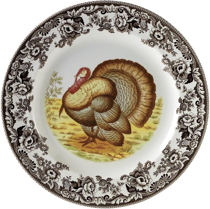 Spode Woodland Turkey Salad Plate - Traditional Wildlife Design, Thanksgiving Appetizer or Dessert Dish with 8 Inch Diameter, Fine Earthenware, British Flowers Border - Microwave, Oven, Freezer Safe
