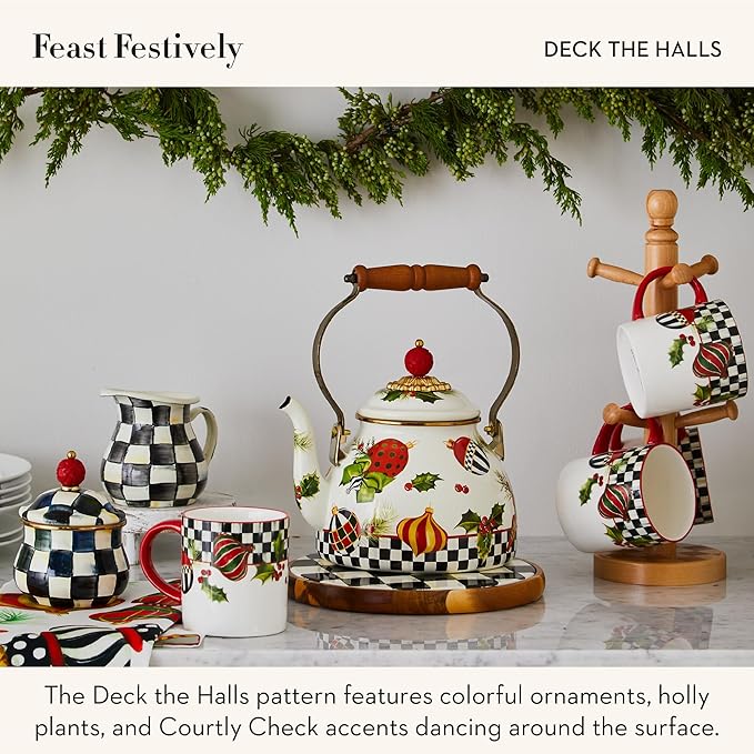 MACKENZIE-CHILDS Deck the Halls 2-Quart Enamel Tea Kettle, Christmas Tea Kettle for Stovetop