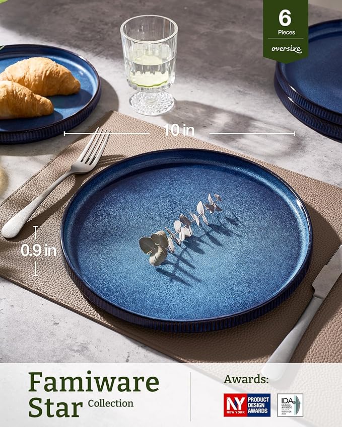 famiware Star Dinner Plates for 6, 10 inches Plate Set, Scratch Resistant, Stoneware Dinnerware, Kitchen Modern Rustic Serving Dishes, Nebulas Blue