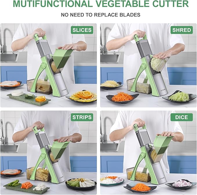 2025 [All in 1] Upgraded Version Safe Mandoline Slicer for Kitchen, Adjustable Thickness. Detachable Blade, Veggie Slicer, Rapid Prep Mandoline, with Cleaning Brush/Paring Knife (MatchaGreen)