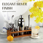 Modern Mixology 21-Piece Cocktail Shaker Set with Stand, Bartender Kit for Home Bar Accessories: 24oz Martini Shaker, Jigger, Strainer, Bar Spoon, Tongs, Opener, Muddler (Silver, Brown Stand)