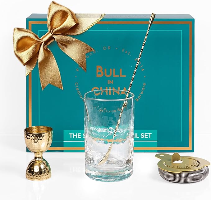 4 Piece Cocktail Kit by Bull In China - Premium Bartender Gift Set Includes Flagship Mixing Glass, 12 inch Barspoon, Bell Jigger & Hawthorne Strainer For Professional & Home Bars (Gold)