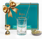 4 Piece Cocktail Kit by Bull In China - Premium Bartender Gift Set Includes Flagship Mixing Glass, 12 inch Barspoon, Bell Jigger & Hawthorne Strainer For Professional & Home Bars (Gold)