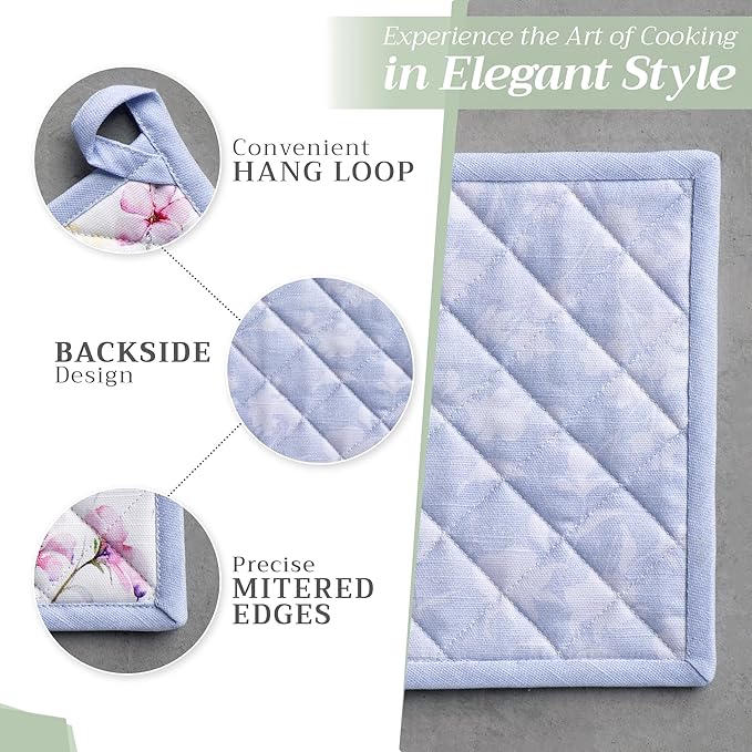 Maison d' Hermine Pot Holders 100% Cotton Heat Resistant Potholders 8" x 8" Hot Pads with Loop BBQ, Cooking, Baking, Grilling, Kitchen, Handling Hot Pans Spring/Summer (Pack of 1, Summer Floral)