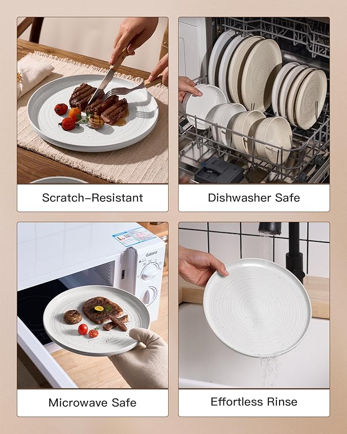 Stoneware Dinnerware Sets, Plate and Bowl Sets for 8, 24 Pieces Spiral Flared Dishware Set with Speckles & Reactive Glaze - Microwave and Dishwasher Safe Tableware, White