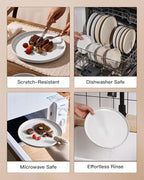 Plates and Bowls Sets for 6, Famiware Premium 18-Piece Stoneware Dinnerware Set, Spiral Flared Dish Set with Speckles & Reactive Glaze - Microwave & Dishwasher Safe Tableware, White