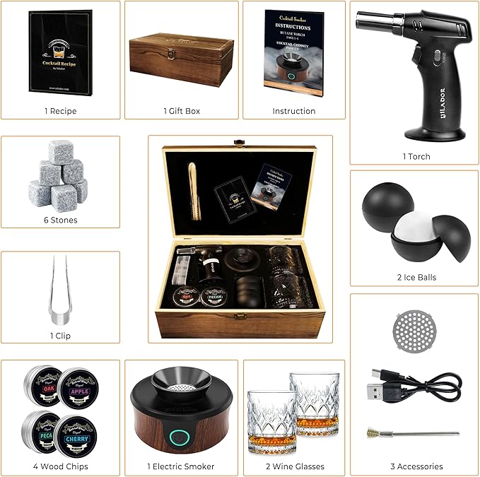 Electric Whiskey Smoker Kit, Luxurious Wooden Box, Heartfelt Christmas Gifts, with 4 Wood Chips, Torch, Ice Molds, Recipe, Stones, Old Fashioned Bourbon Cocktails Smoker, Gifts for Men (No Butane)