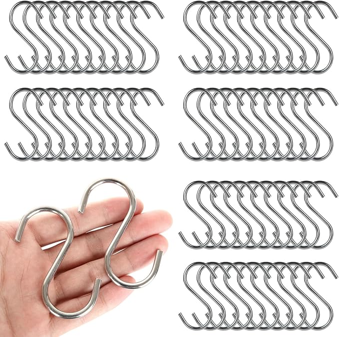 RHBLME 100 Pack S Hooks - 2.8 Inch Small Heavy Duty Stainless Steel S Hooks for Hanging Jeans, Cooking Utensils, Potted Plants, etc