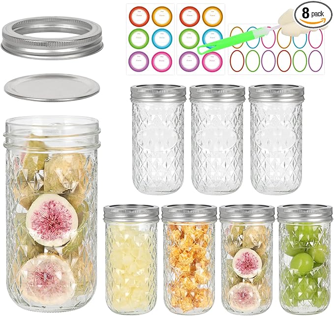12 oz Mason Jars with Lids & Bands 8Pack, Canning Jars with Stickers and Sponge Brush, Ideal for Jelly Spice Honey Herbs Storage,Party and Wedding Favors