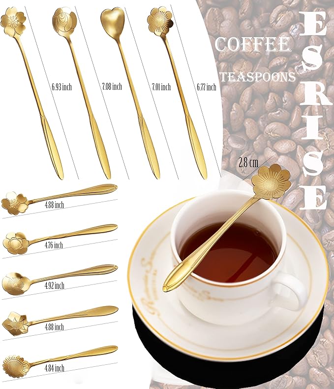 9 Pcs Flower Spoon Coffee Teaspoon Set, ESRISE Stainless Steel Tea Spoon for Tea Party Decorations (Gold)