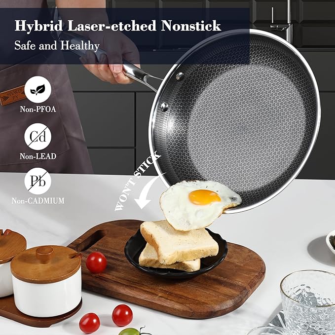 12 Inch Hybrid Non Stick Frying Pan Set Skillet Stainless Steel Skillet Chef's Pan with Matching Lid, PFOA-Free Non-Toxic Cookware, Dishwasher & Oven Safe, Induction Compatible All Cooktop