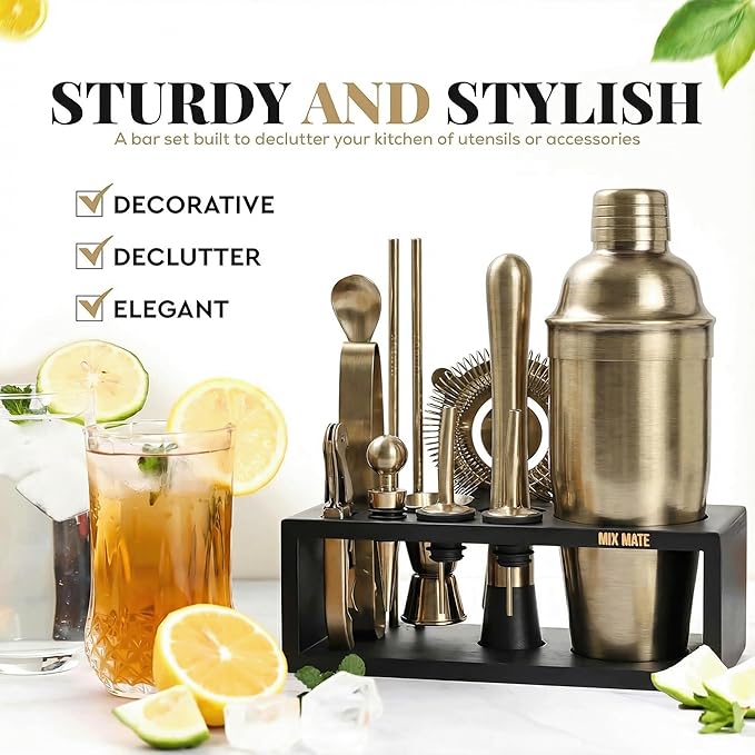 Brushed Brass Mixology Kit - 15 Piece Bar Tool Set, Silver Bar Set Cocktail Shaker Set for Drink Mixing - Includes Martini Shaker, Jigger, Strainer, Bar Mixer Spoon, Tongs, Opener | Gift Idea