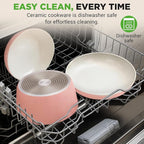 NutriChef 18-Piece Ceramic Cookware Set with Detachable Handles, Non Stick Pots and Pans, PTFE-Free Natural Ceramic Coating, Space-Saving Design, Oven & Stove Safe, Includes Utensils, Pink